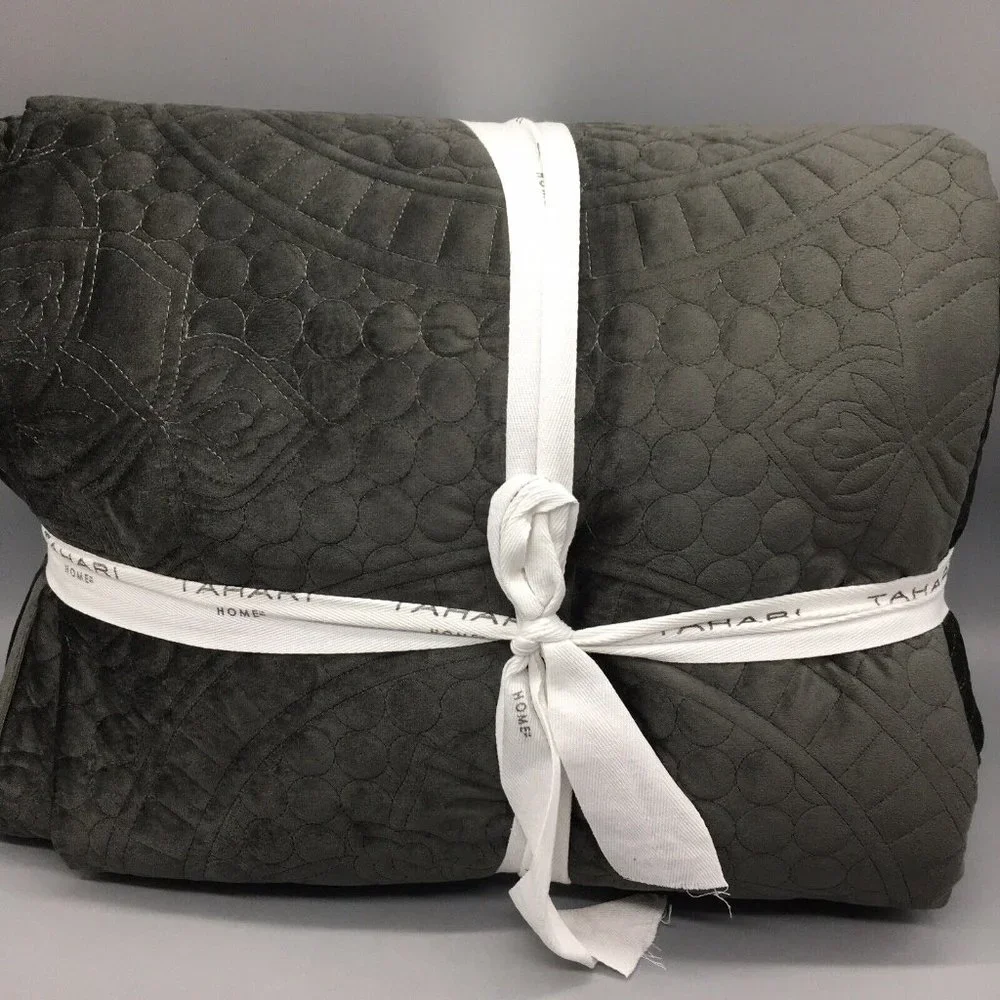 3pc Tahari Charcoal Gray Medallion Holland KING Velvet Quilt Sham Set Designer